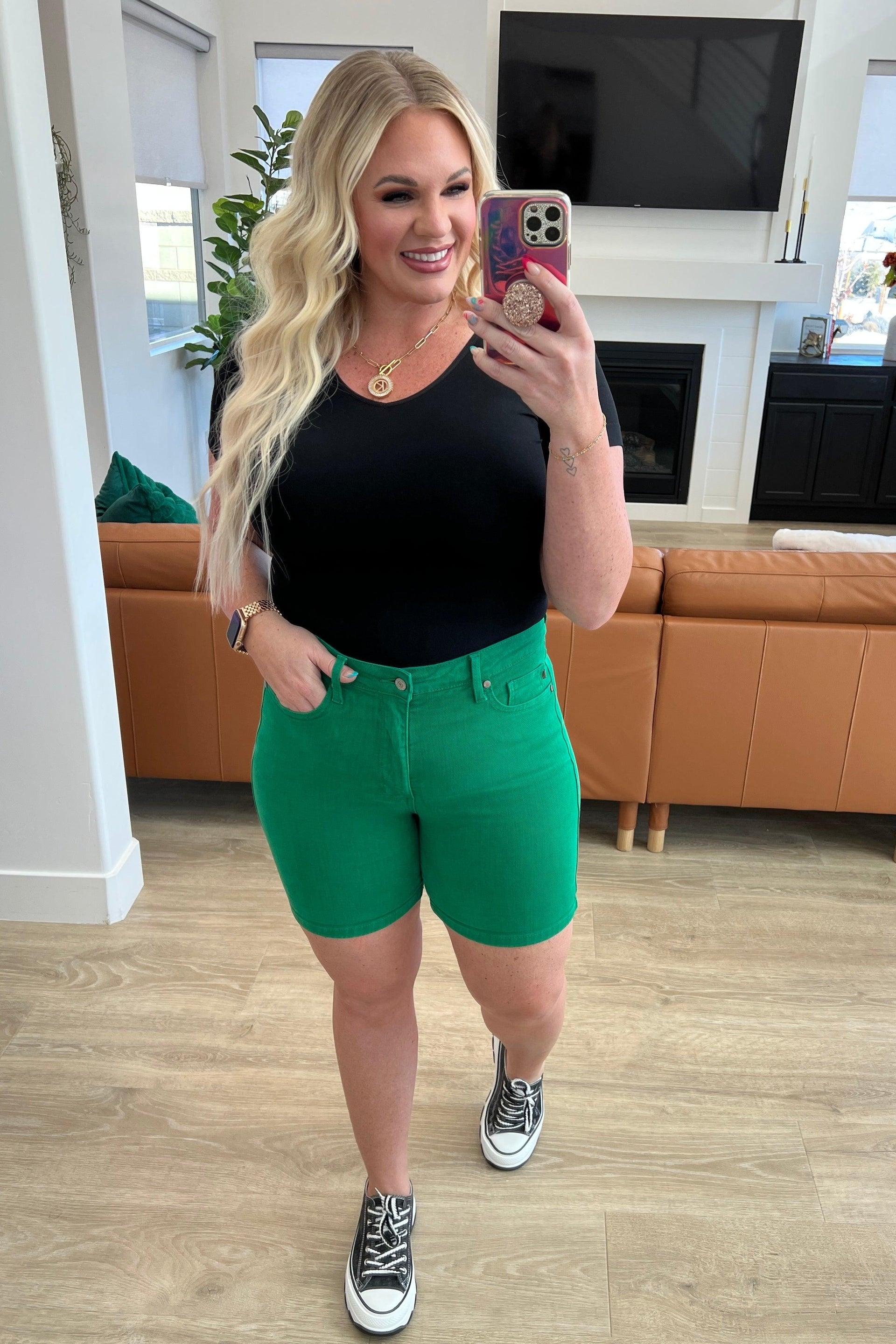 Jenna High Rise Control Top Cuffed Shorts in Green - God's Girl Gifts And Apparel