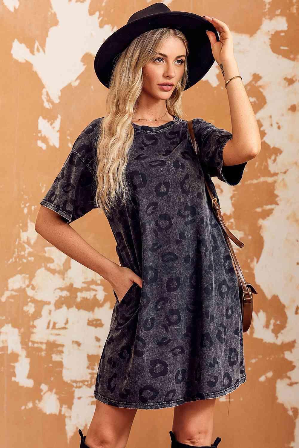 Leopard Round Neck Dropped Shoulder Dress with Pockets - God's Girl Gifts And Apparel