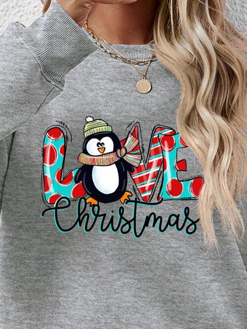 Love Christmas Penguin Drop Shoulder Round Neck Sweatshirt - God's Girl Gifts And Apparel