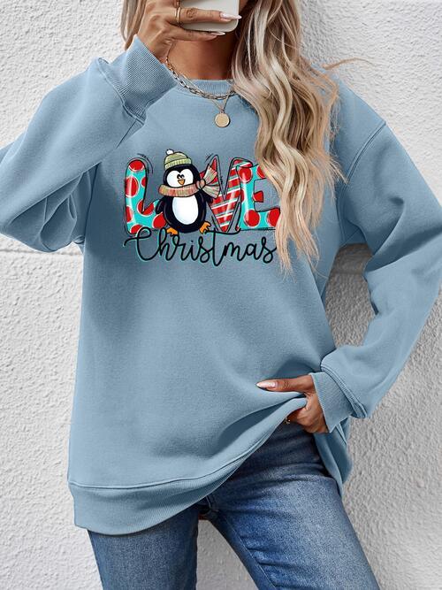 Love Christmas Penguin Drop Shoulder Round Neck Sweatshirt - God's Girl Gifts And Apparel