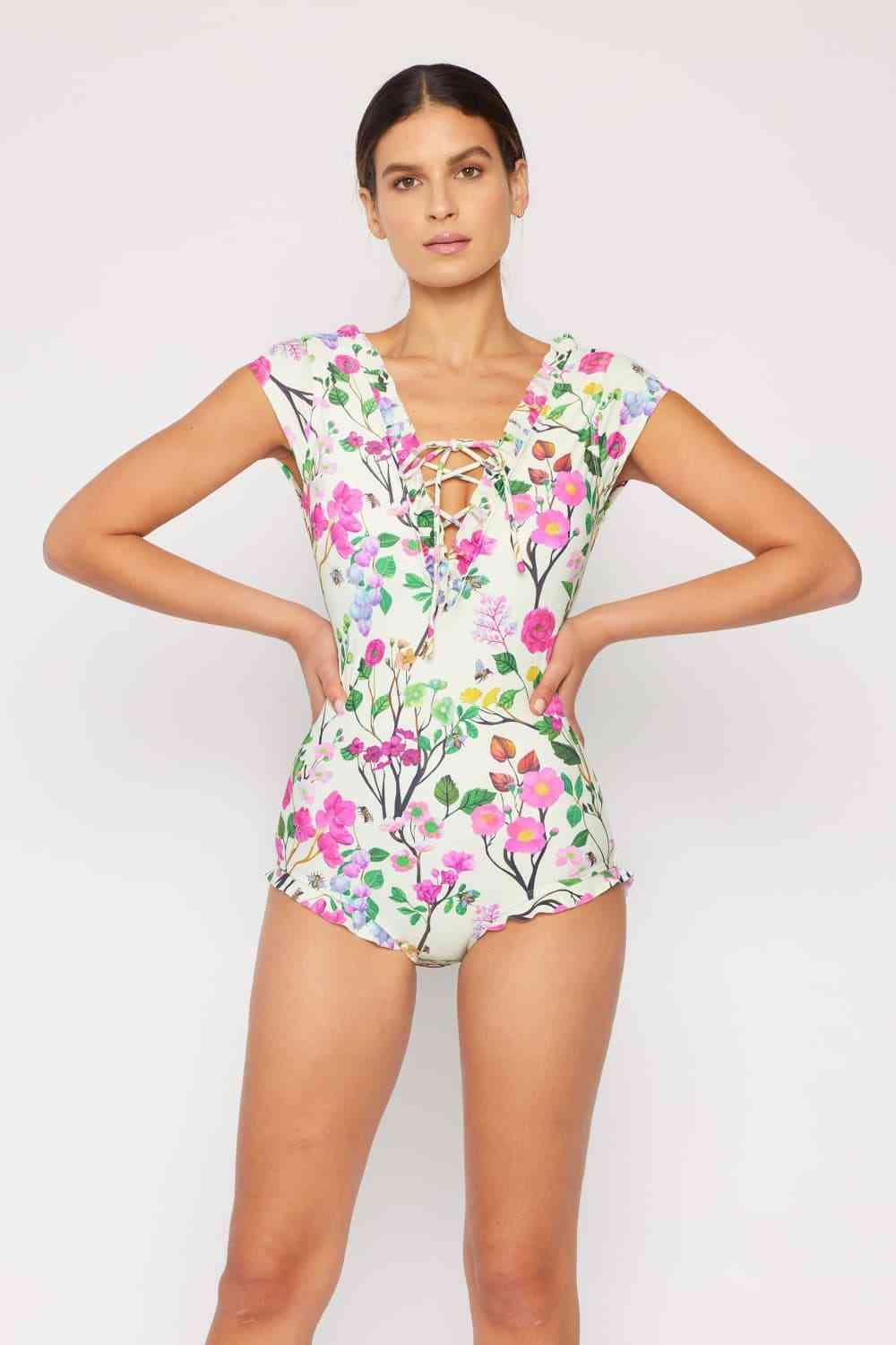Marina West Swim Bring Me Flowers V-Neck One Piece Swimsuit Cherry Blossom Cream - God's Girl Gifts And Apparel