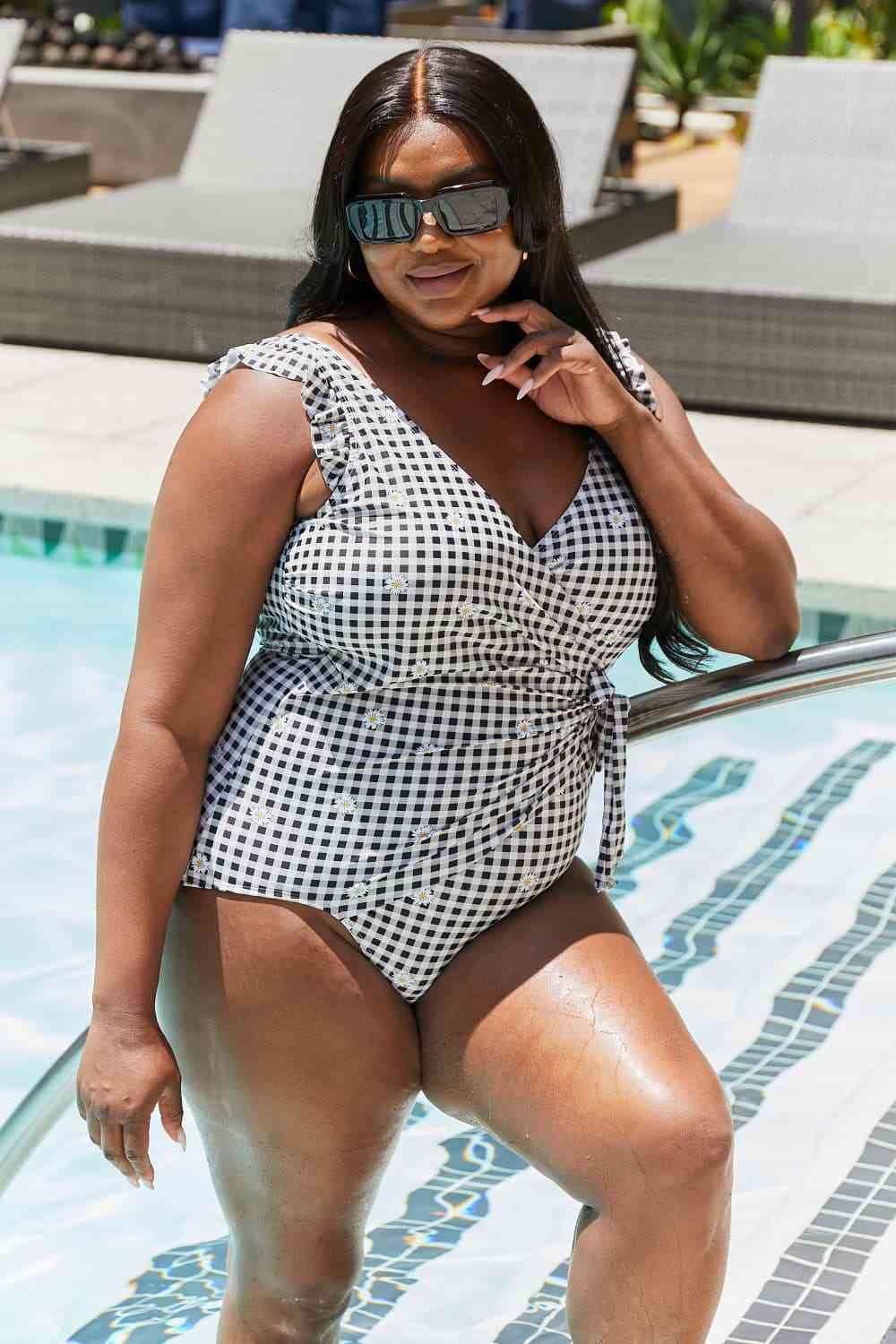 Marina West Swim Full Size Float On Ruffle Faux Wrap One-Piece in Black - God's Girl Gifts And Apparel