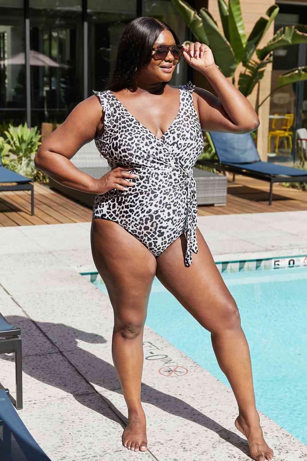 Marina West Swim Full Size Float On Ruffle Faux Wrap One-Piece in Cat - God's Girl Gifts And Apparel