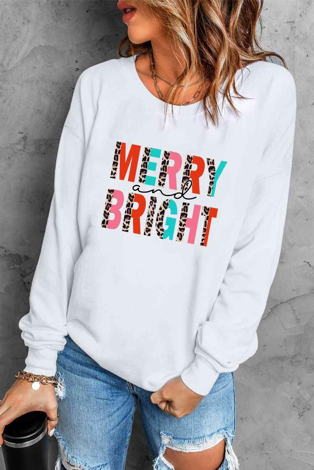 Merry and Bright Graphic Sweatshirt Leopard Print - God's Girl Gifts And Apparel