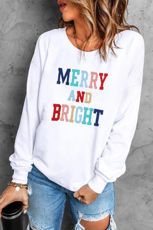 Merry and Bright Graphic Sweatshirt Multicolor Lettering - God's Girl Gifts And Apparel