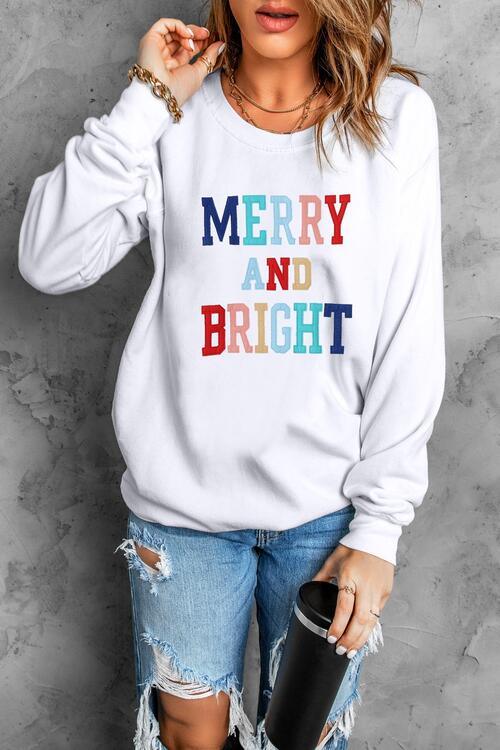 Merry and Bright Graphic Sweatshirt Multicolor Lettering - God's Girl Gifts And Apparel
