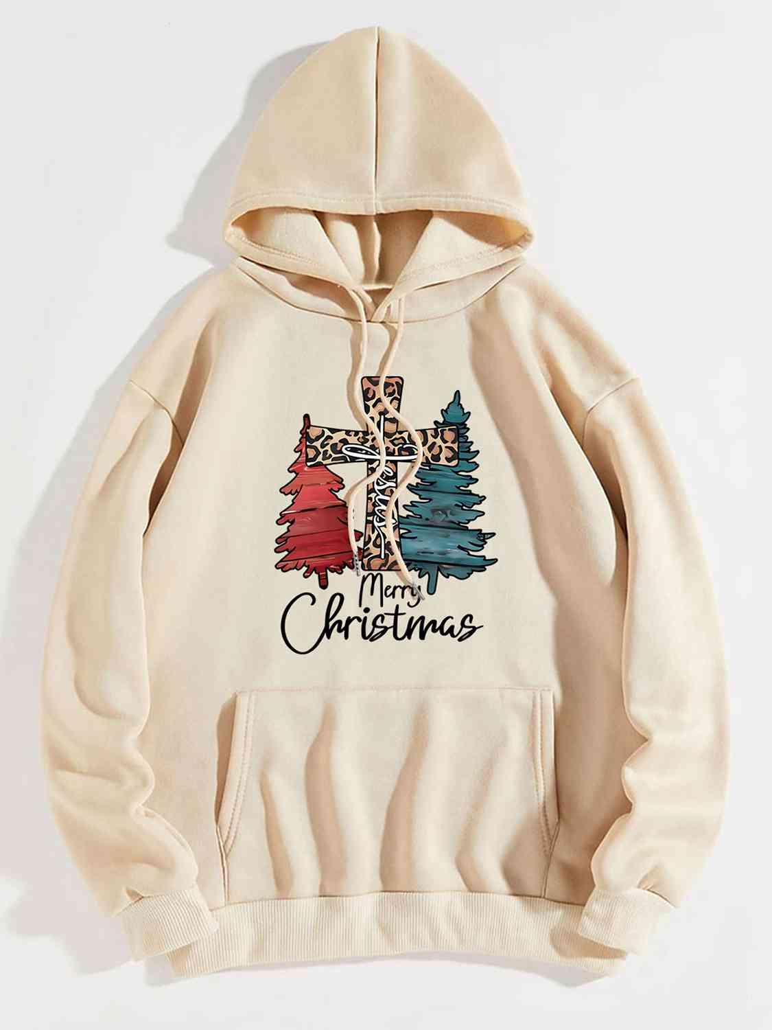 Merry Christmas with Leopard Print Cross Graphic Drawstring Hoodie - God's Girl Gifts And Apparel