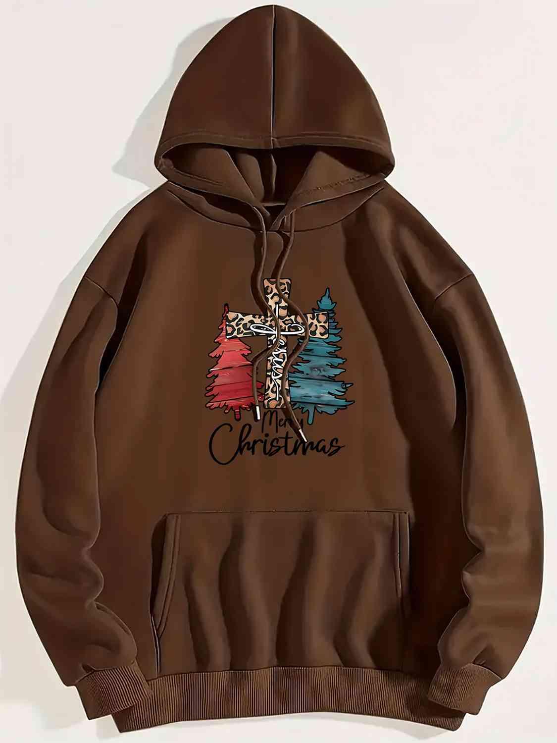 Merry Christmas with Leopard Print Cross Graphic Drawstring Hoodie - God's Girl Gifts And Apparel