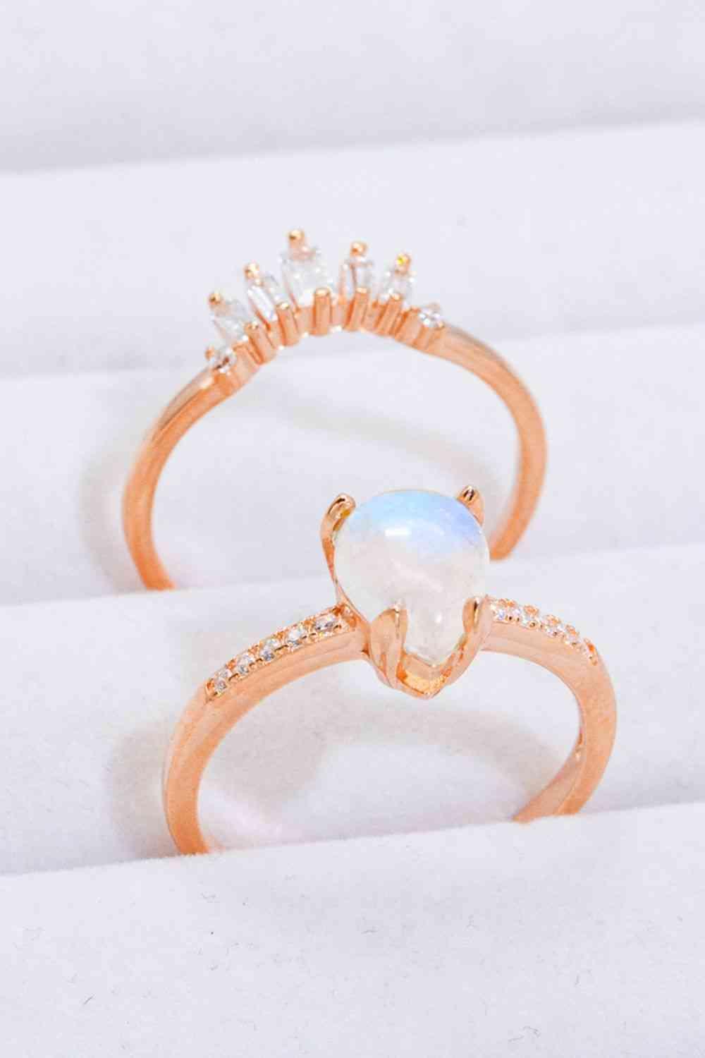 Natural Moonstone and Zircon 18K Rose Gold-Plated Two-Piece Ring Set - God's Girl Gifts And Apparel