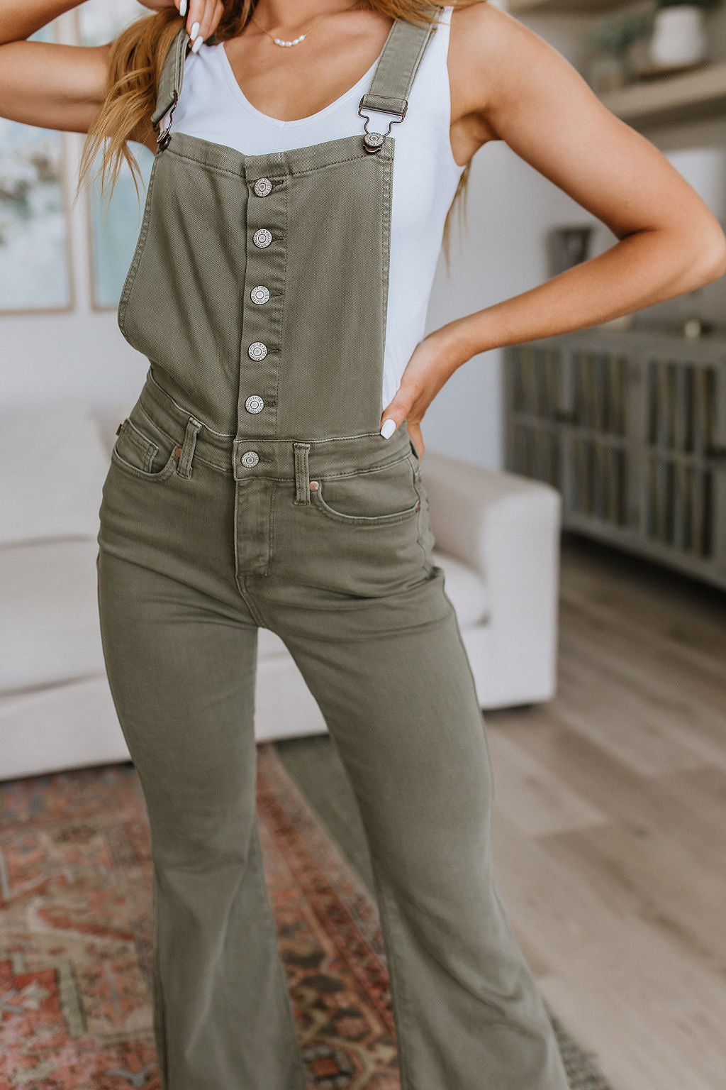 Olivia Control Top Release Hem Overalls in Olive - God's Girl Gifts And Apparel