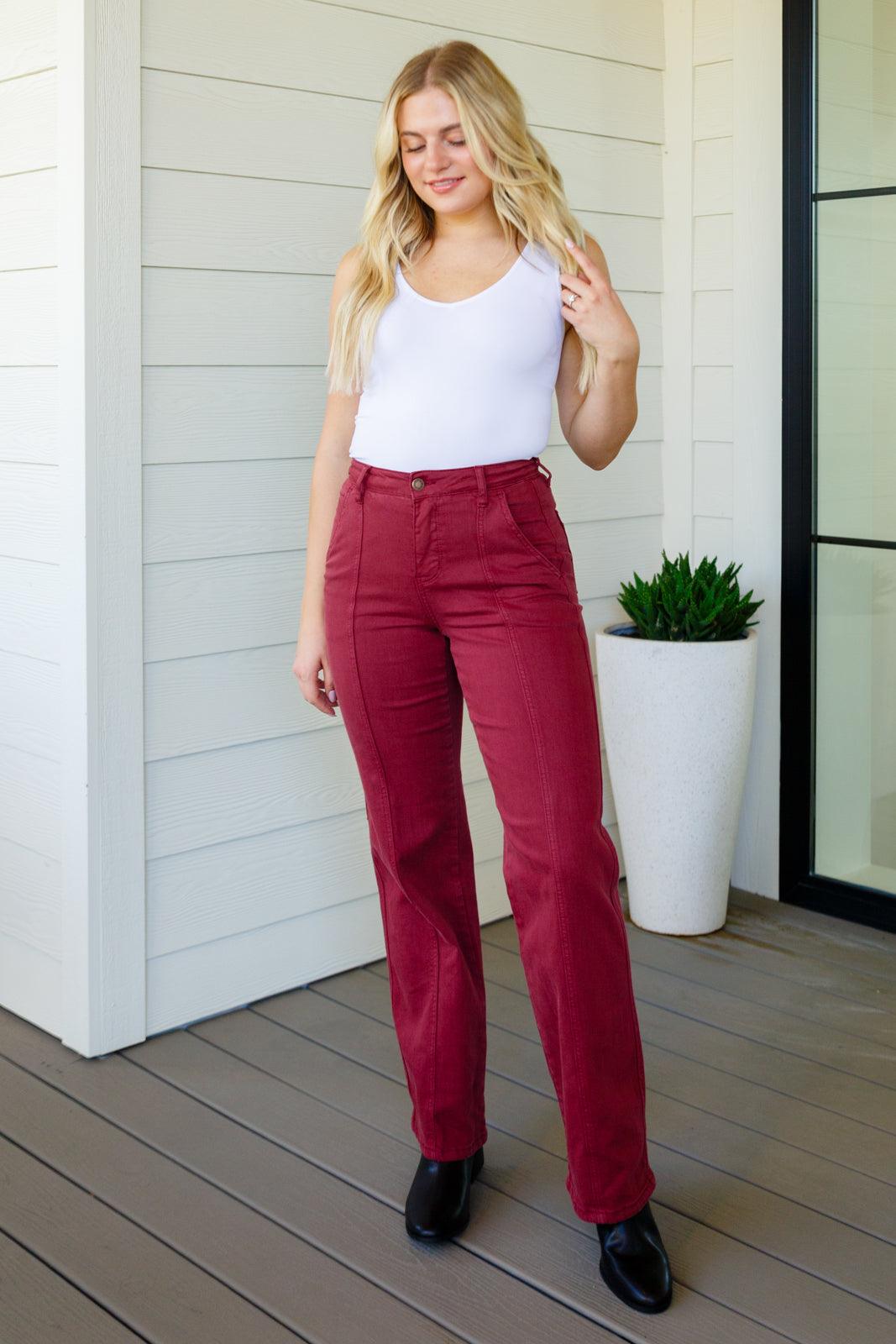 Phoebe High Rise Front Seam Straight Jeans in Burgundy - God's Girl Gifts And Apparel