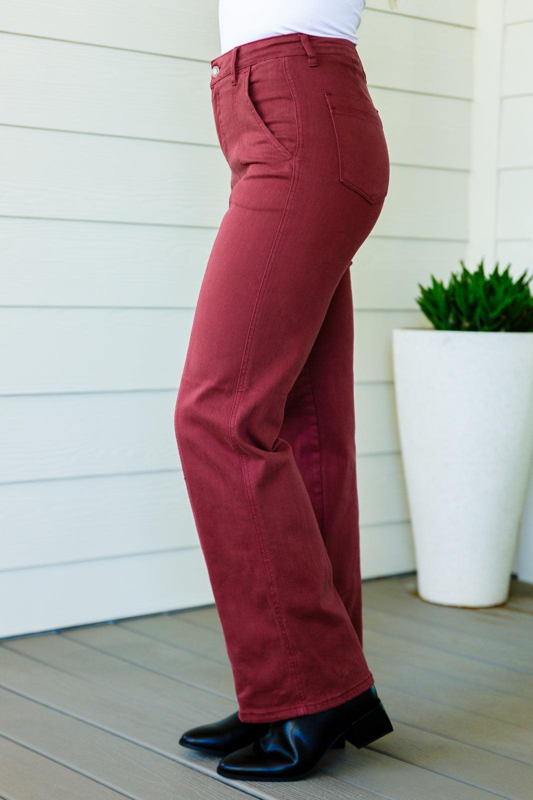 Phoebe High Rise Front Seam Straight Jeans in Burgundy - God's Girl Gifts And Apparel