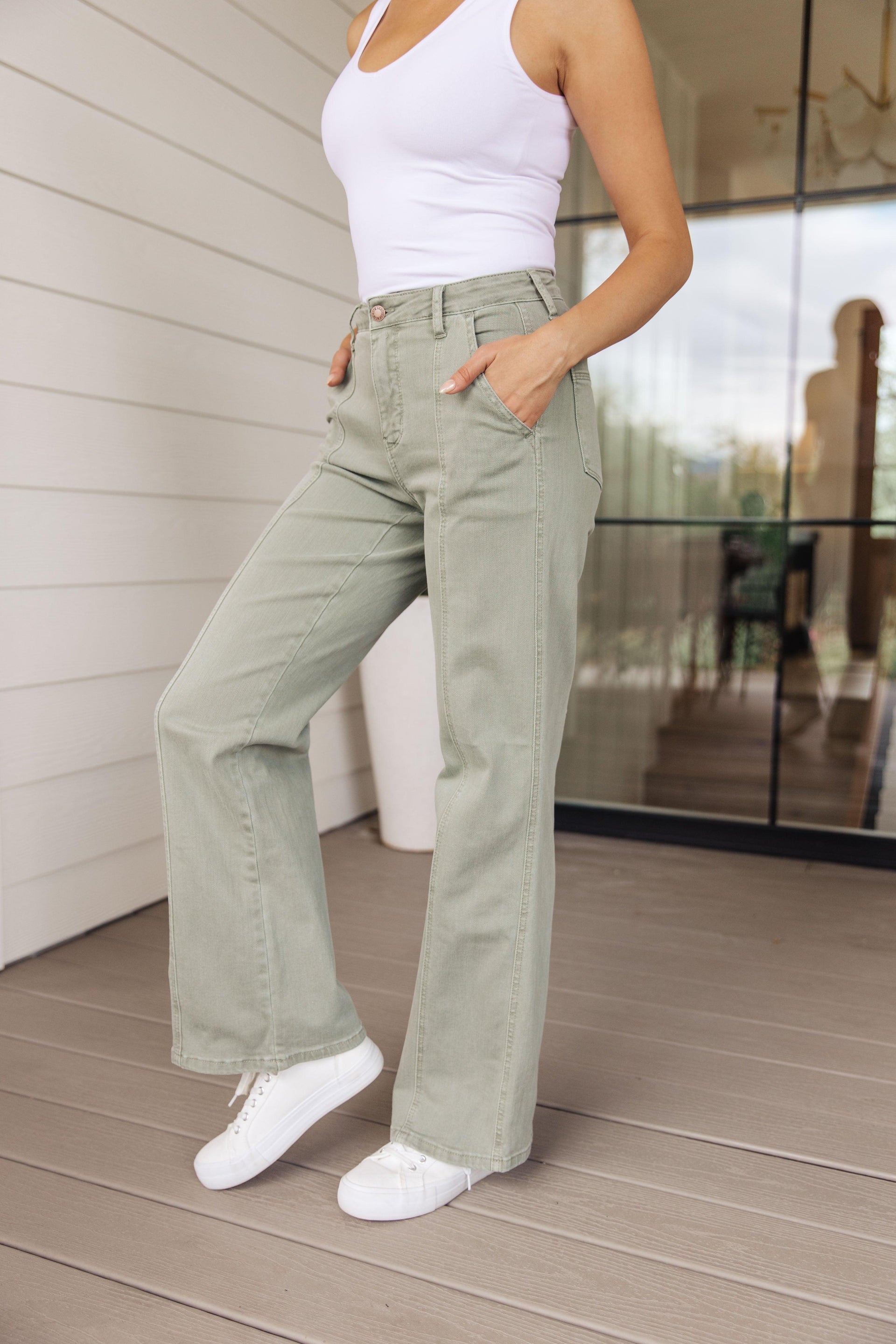 Phoebe High Rise Front Seam Straight Jeans in Sage - God's Girl Gifts And Apparel