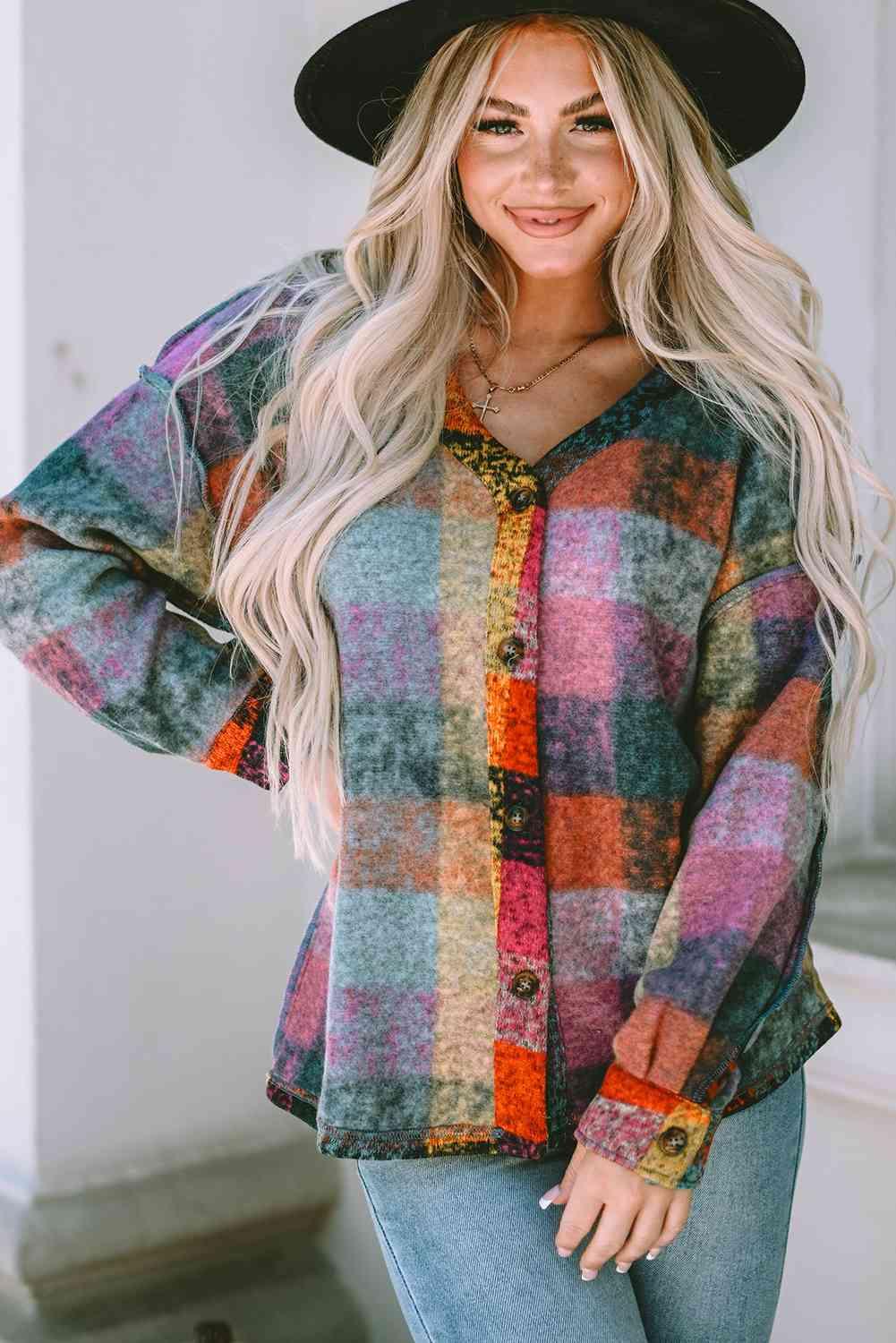 Plaid V-Neck Button Down Jacket - God's Girl Gifts And Apparel