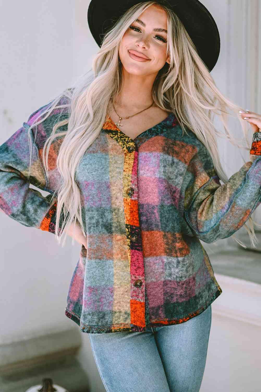 Plaid V-Neck Button Down Jacket - God's Girl Gifts And Apparel