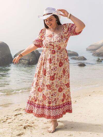 Plus Size Boho Style Floral Print Square Neck Ruffle Hem Dress - God's Girl Gifts And Apparel