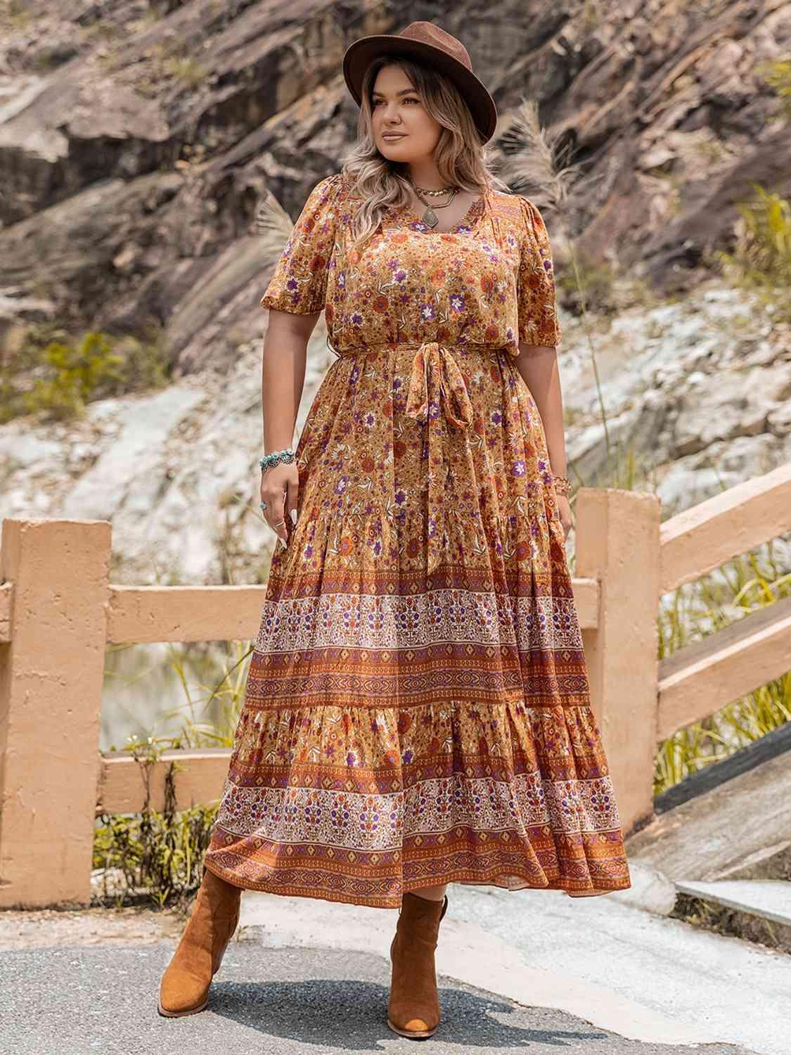 Plus Size Boho Style Tie Waist Puff Sleeve Dress - God's Girl Gifts And Apparel