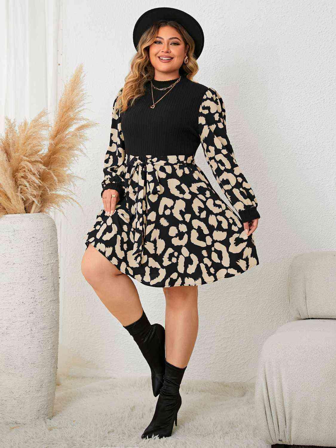 Plus Size Large Leopard Print, Splicing Dress - God's Girl Gifts And Apparel