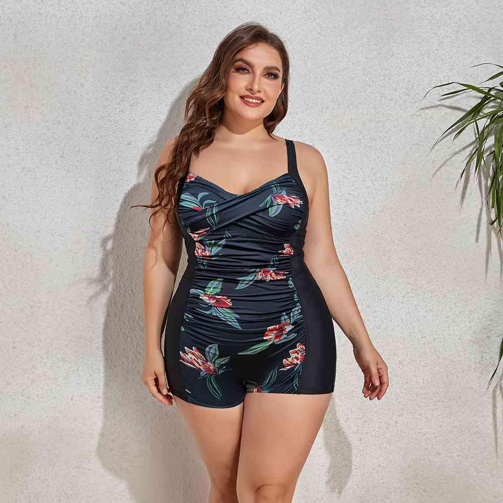 Plus Size Printed Sleeveless Swim Romper - God's Girl Gifts And Apparel