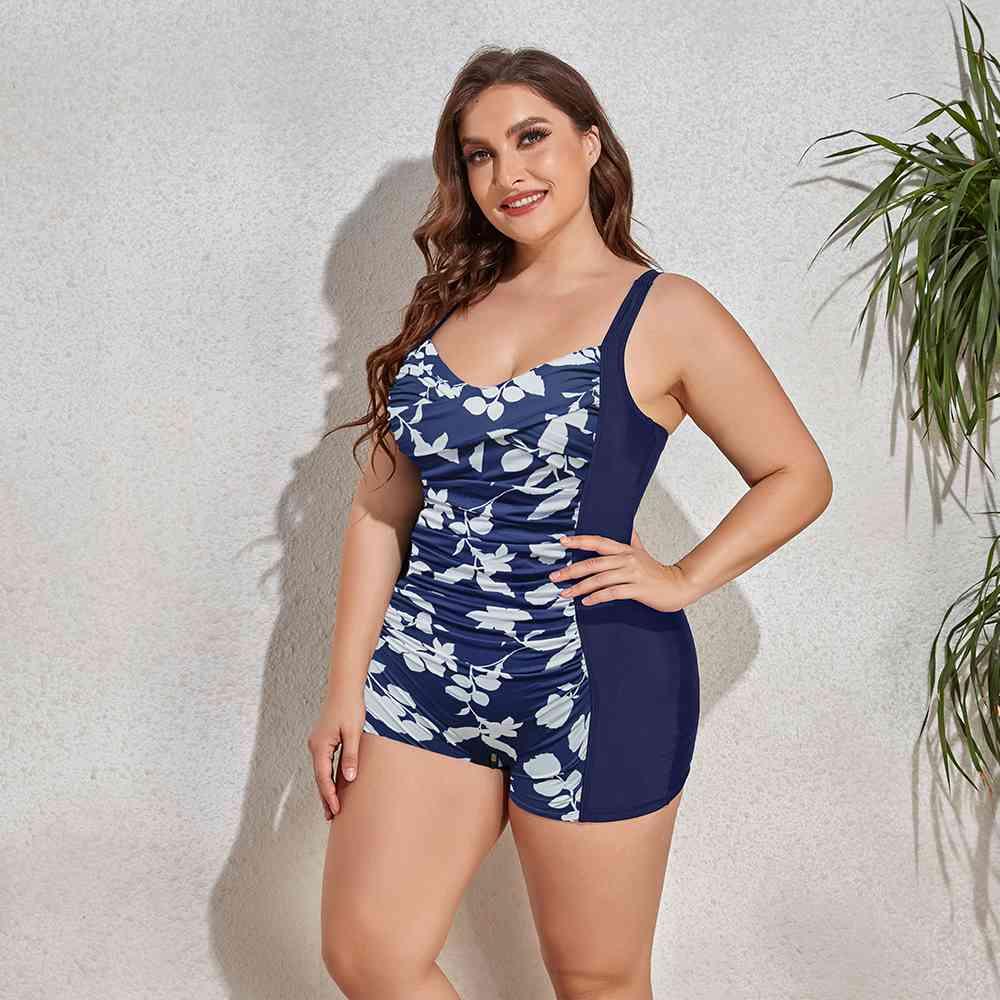 Plus Size Printed Sleeveless Swim Romper - God's Girl Gifts And Apparel