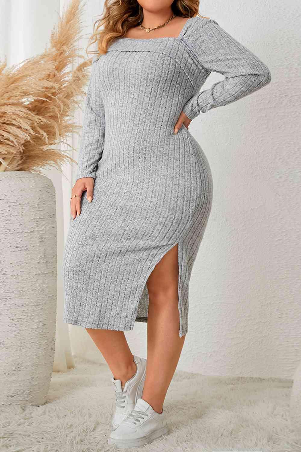 Plus Size Square Neck Long Sleeve Slit Sweater Dress - God's Girl Gifts And Apparel