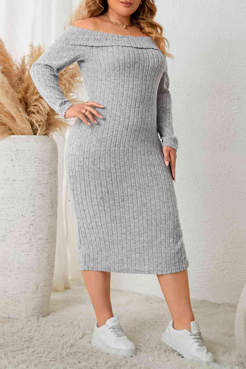 Plus Size Square Neck Long Sleeve Slit Sweater Dress - God's Girl Gifts And Apparel