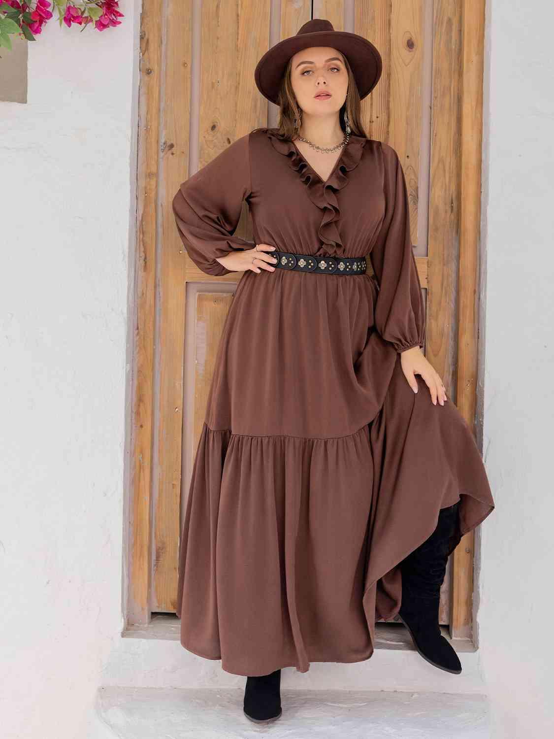 Plus Size V-Neck Ruffle Trim Maxi Dress - God's Girl Gifts And Apparel