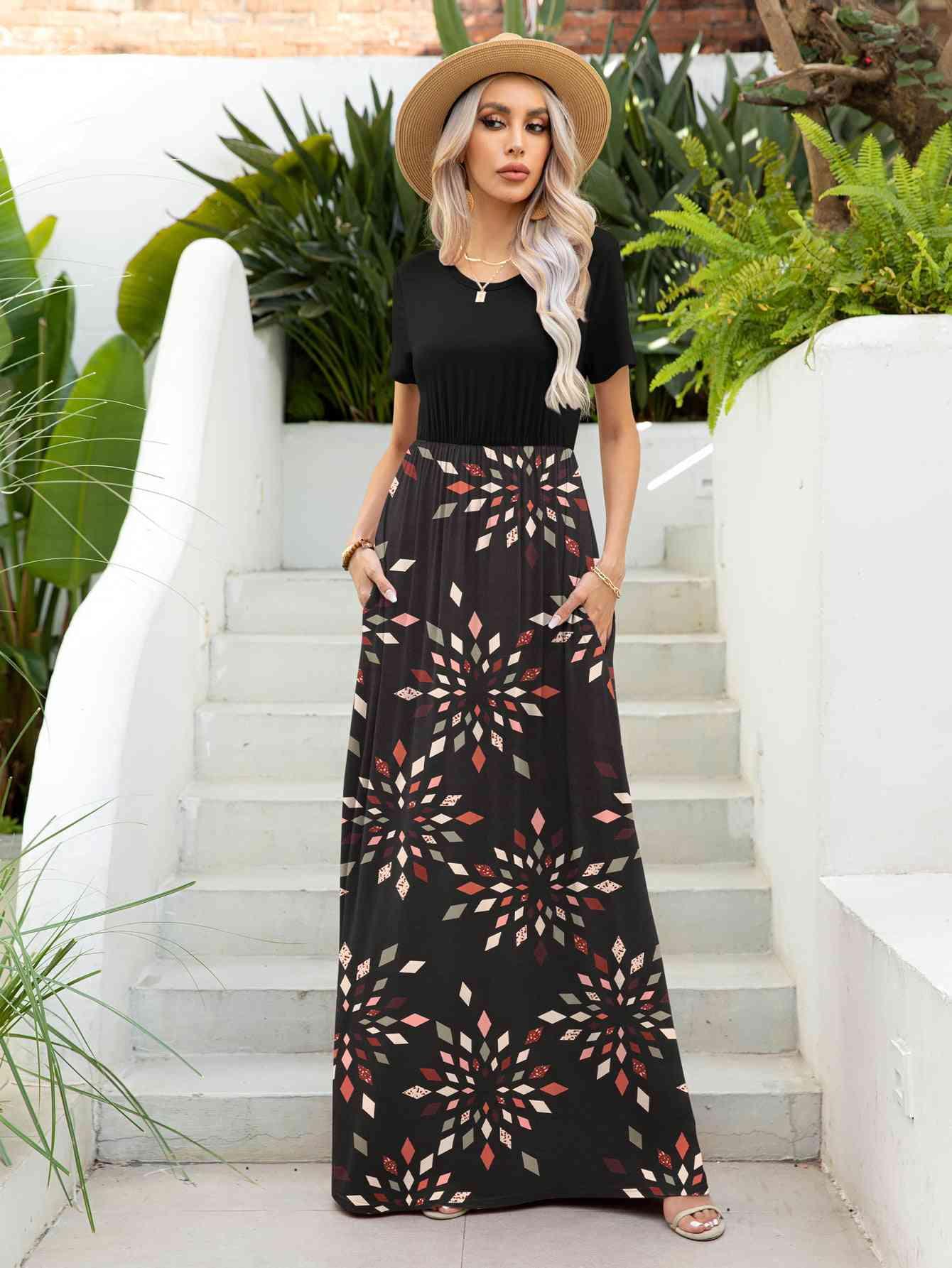 Printed Round Neck Short Sleeve Maxi Dress - God's Girl Gifts And Apparel