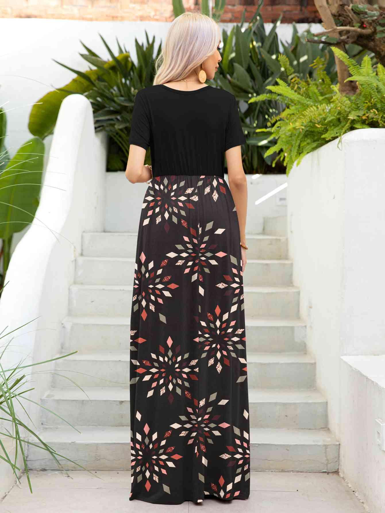 Printed Round Neck Short Sleeve Maxi Dress - God's Girl Gifts And Apparel