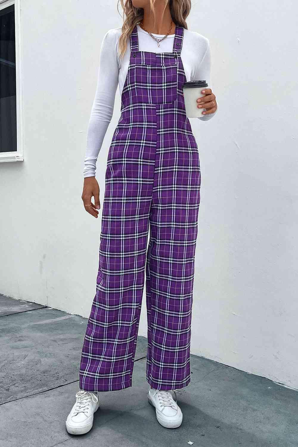 Purple Plaid Straight Leg Overalls - God's Girl Gifts And Apparel
