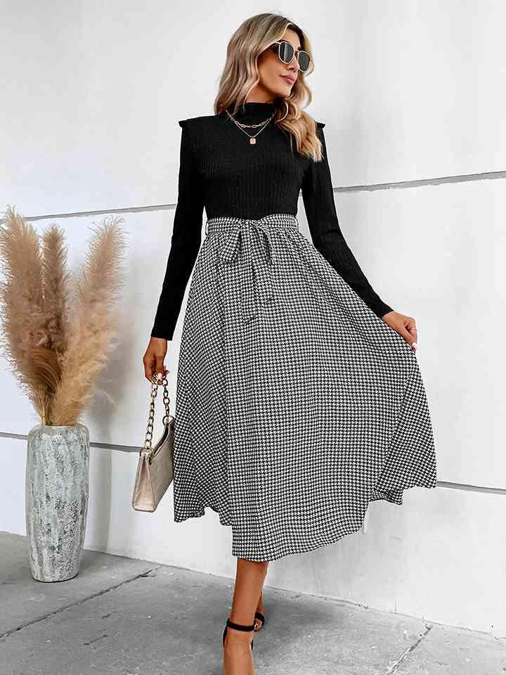 Ribbed Round Neck Long Sleeve Tie Waist Midi Dress - God's Girl Gifts And Apparel