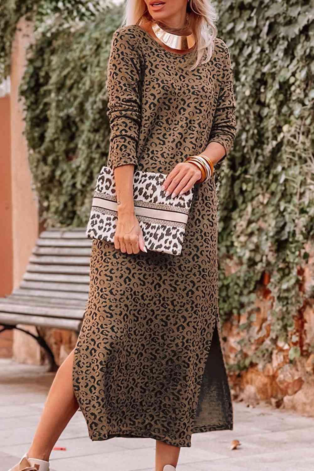 Round Neck Leopard Print Long Sleeve Slit Dress - God's Girl Gifts And Apparel