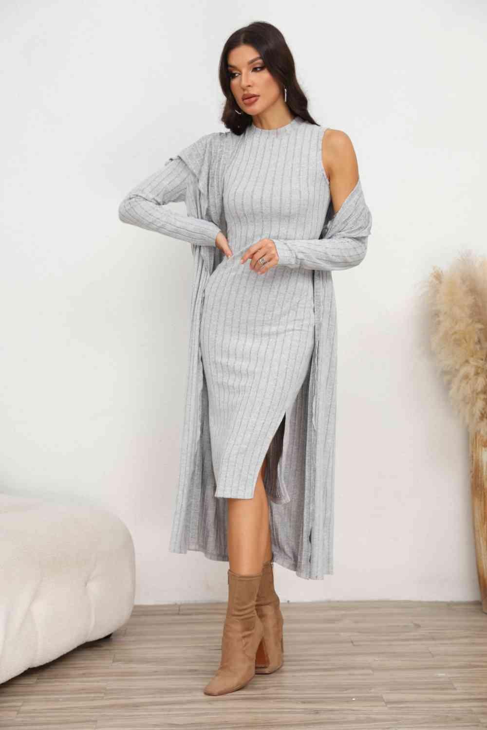 Slit Dress and Longline Cardigan Set - God's Girl Gifts And Apparel