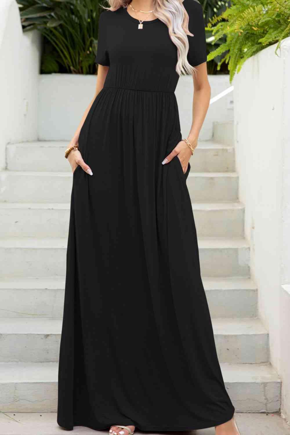 Solid Color Round Neck Maxi Tee Dress with Pockets - God's Girl Gifts And Apparel