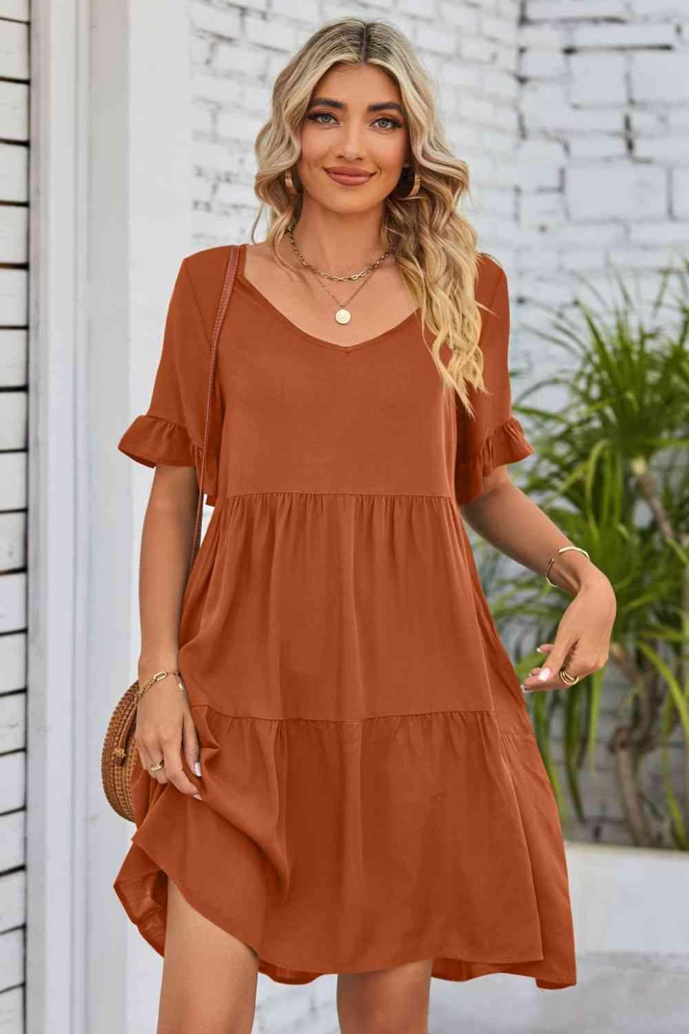 Solid Color V-Neck Flounce Sleeve Knee Length Tiered Dress - God's Girl Gifts And Apparel