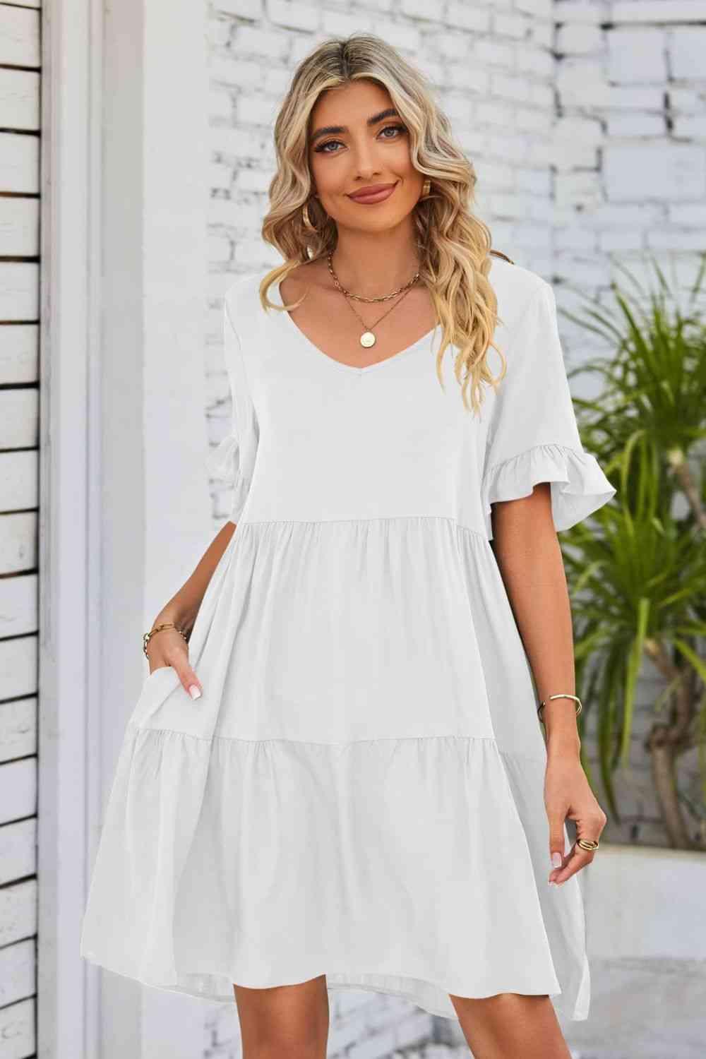 Solid Color V-Neck Flounce Sleeve Knee Length Tiered Dress - God's Girl Gifts And Apparel